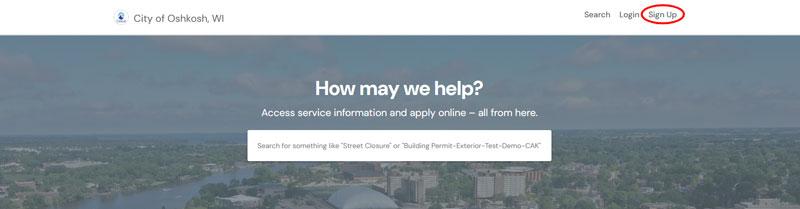 City of Oshkosh OpenGov public portal screen, with a red circle on Sign Up