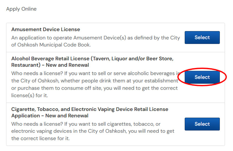 City of Oshkosh OpenGov public portal screen for the business license area, with a red circle on the Select button for the Alcohol Beverage Retail License application.