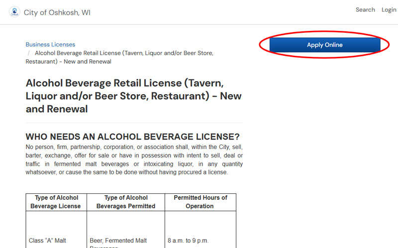 City of Oshkosh OpenGov public portal screen the Alcohol Beverage Retail License application with a red circle around the Apply Online button.