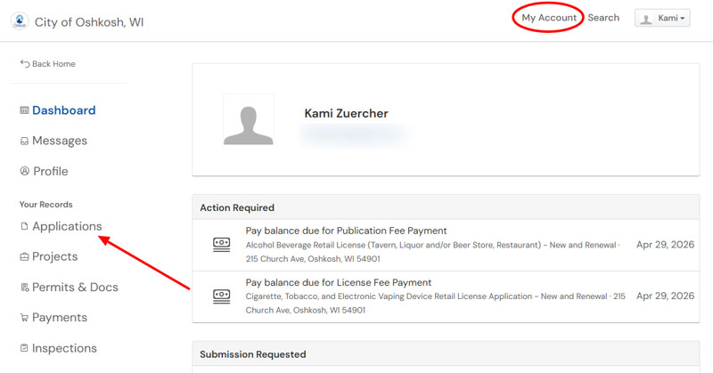 City of Oshkosh OpenGov applicant account screen with a red circle on the My Account button and a red arrow pointing to the Applications menu.