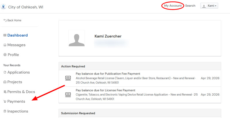 City of Oshkosh OpenGov applicant account screen with a red circle on the My Account button and a red arrow pointing to the Payments menu.