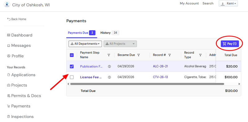City of Oshkosh OpenGov applicant account screen showing the Payments area. There is a red arrow pointing to checkboxes to select payments due, and a red circle around the Pay button.