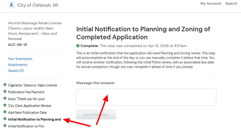 City of Oshkosh OpenGov screen showing the applicant's view of a completed application. There are two red arrows - one is pointing at the timeline on the left and the other is pointing at a message box within an application step.