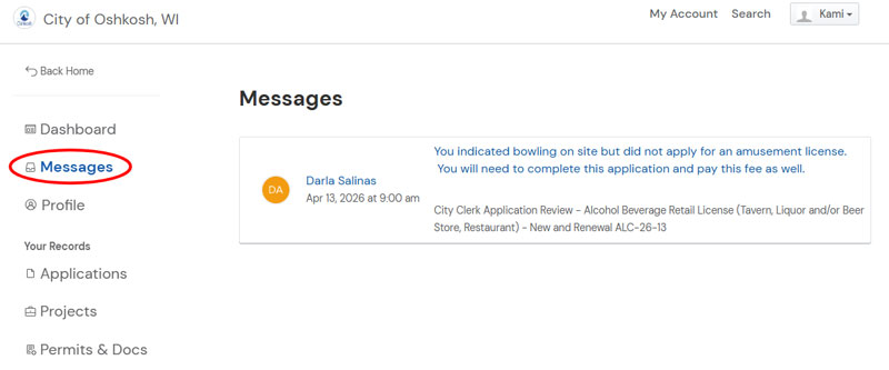 City of Oshkosh OpenGov applicant account screen with a red circle on the Messages menu.
