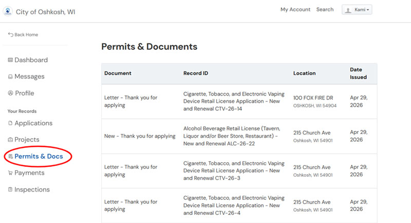City of Oshkosh OpenGov applicant account screen with a red circle on the Permits & Docs menu.