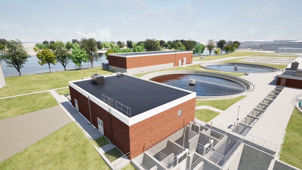 Rendering of the completed UV Disinfection Building (foreground) and Filtration Building (background)
