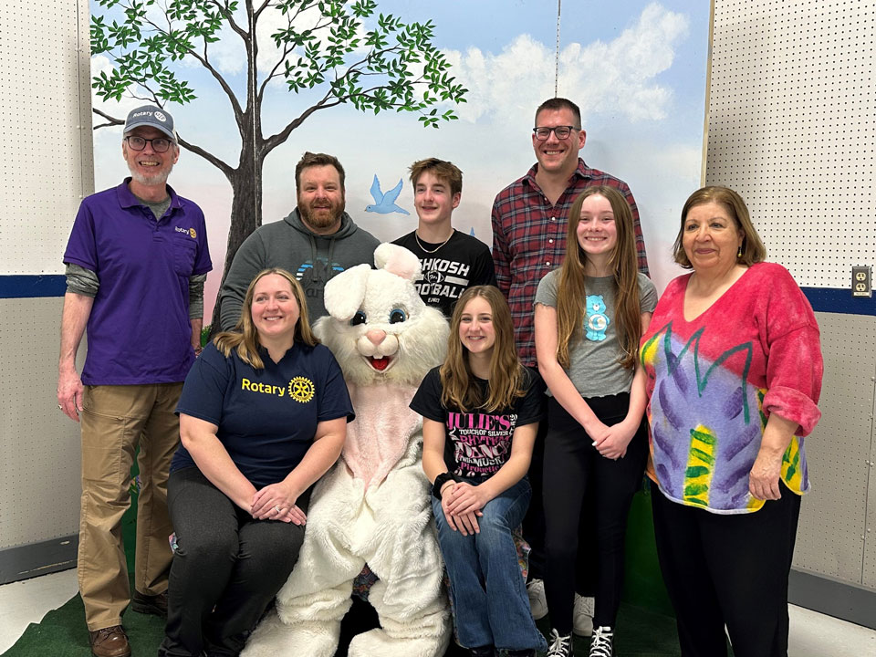 Some of our Oshkosh Rotary volunteers pose for a picture with the Easter Bunny at our Breakfast with the Bunny event held out at the Sunny View Expo Center in Oshkosh