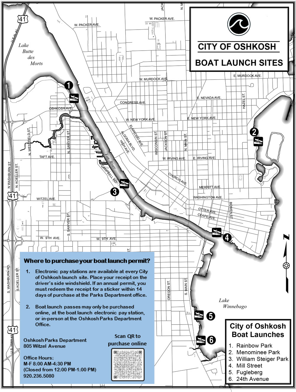 Map of Oshkosh boat launches located at Rainbow Park, Menominee Park, William Steiger Park, Mill Street, Fugleberg and 24th Avenue